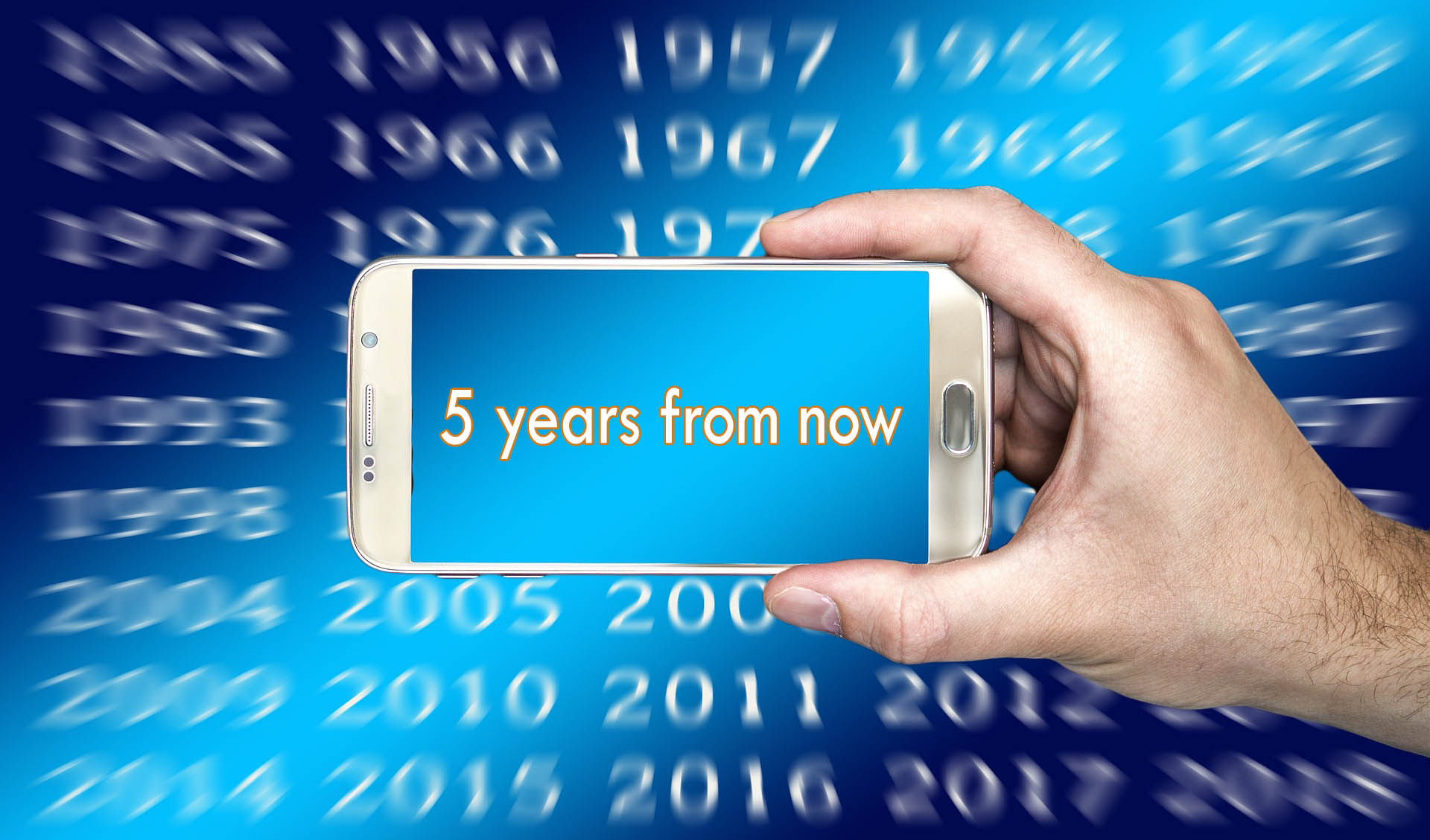 hand holding cellphone with words "5 years from now" on screen, year dates in background