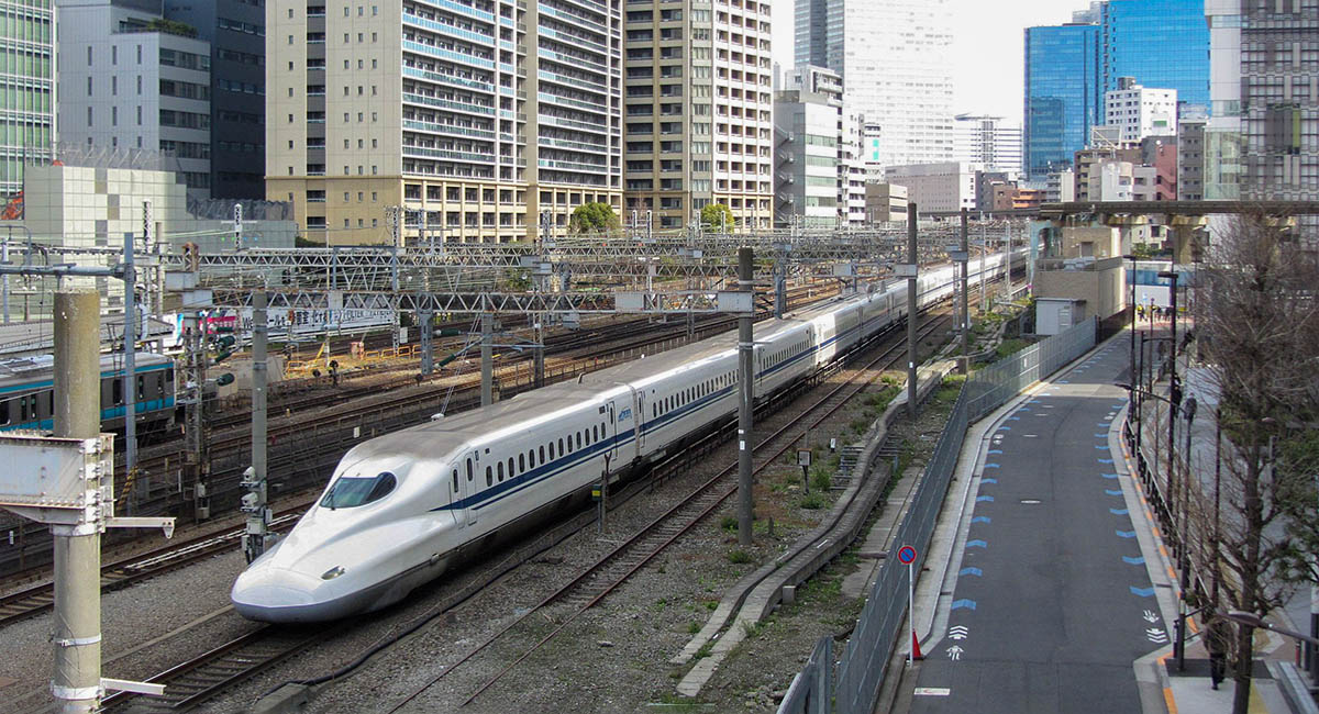 Shinkansen Bullet Train passes Tamachi, Tokyo, Japan 2020