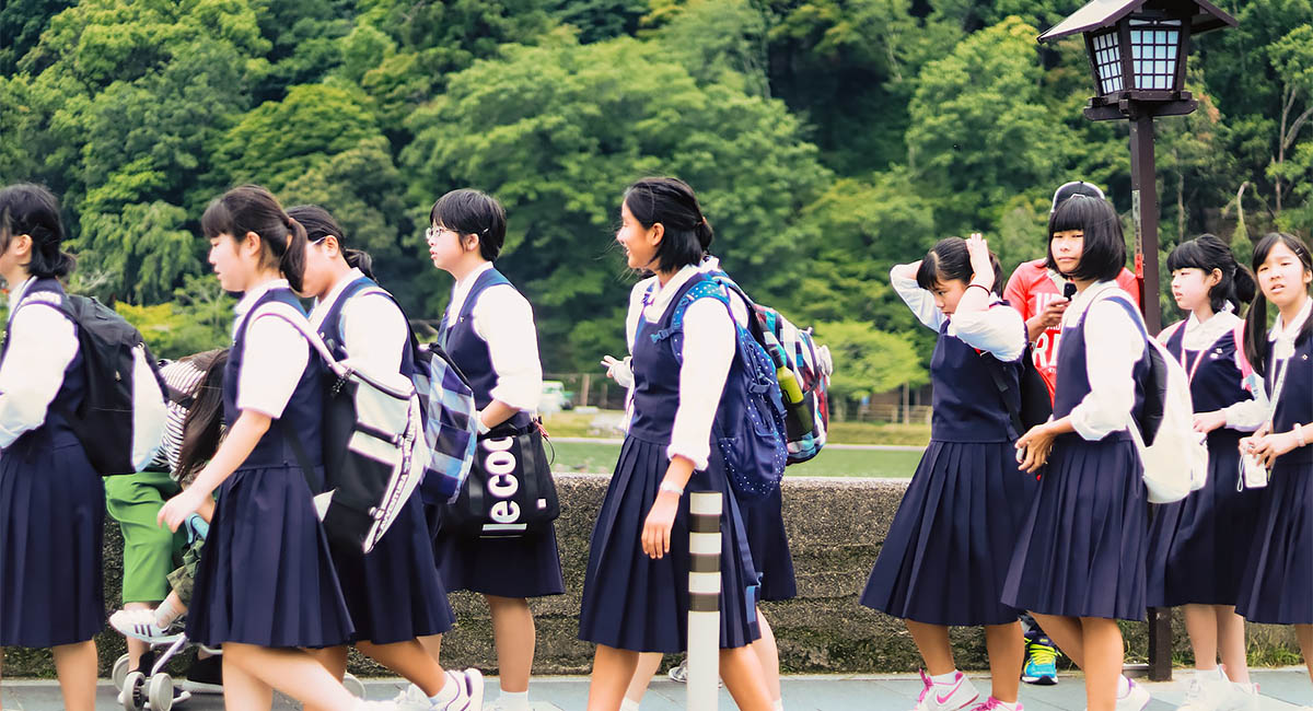 Line of schoolgirls in Japan