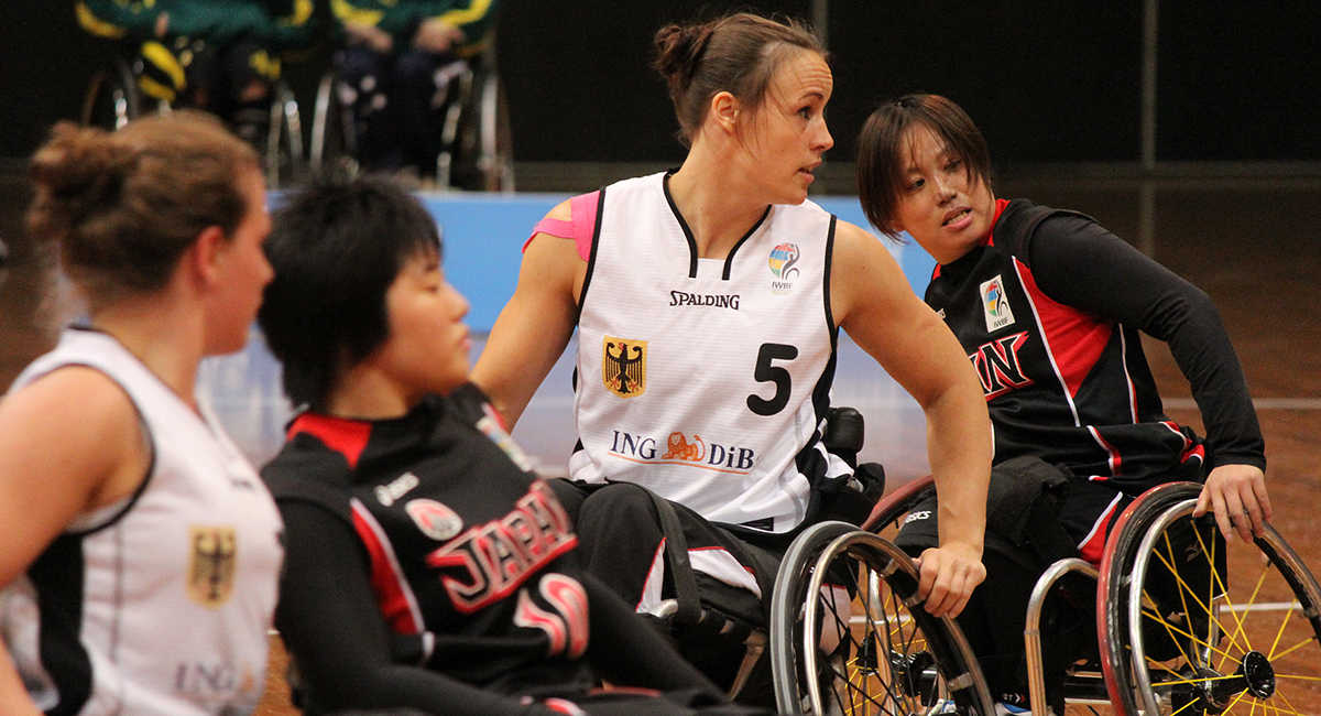 Germamy's Annabel Breuer (left) and Johanna Welin (No. 5) at the Germany vs Japan women's wheelchair basketball team at the Sports Centre.