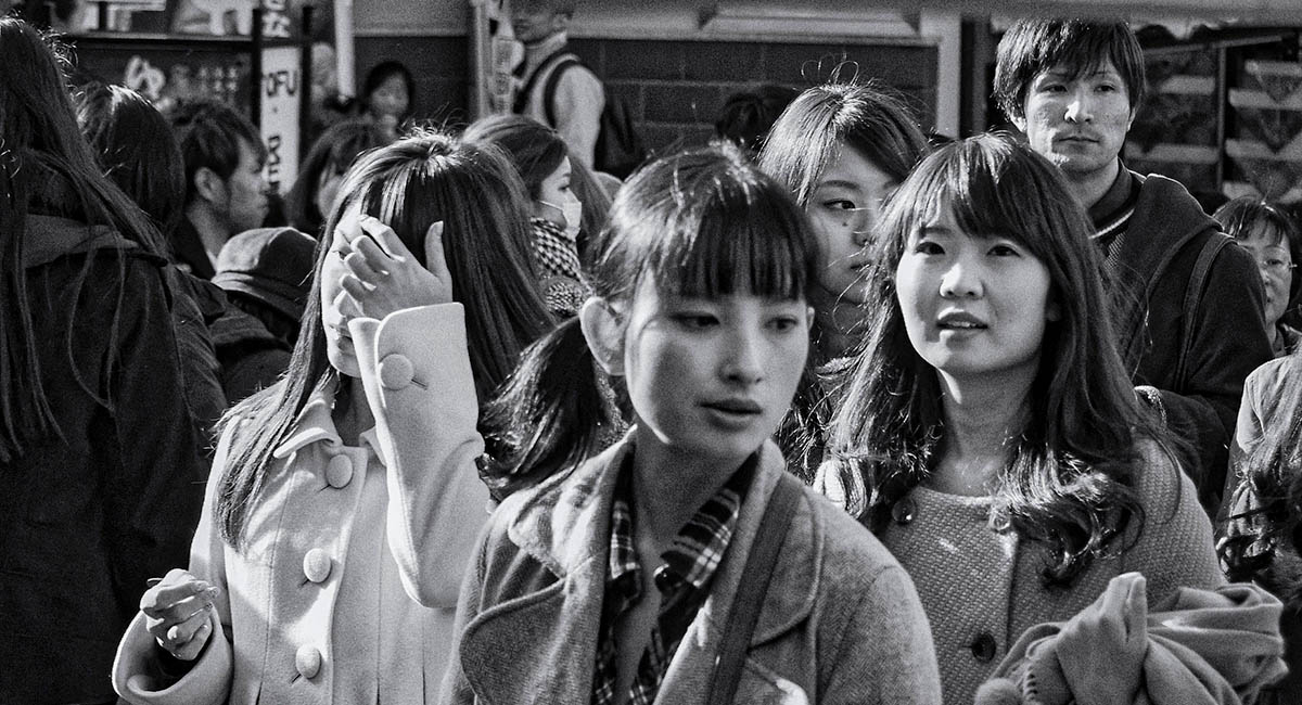 crowd of Japanese people, black and white