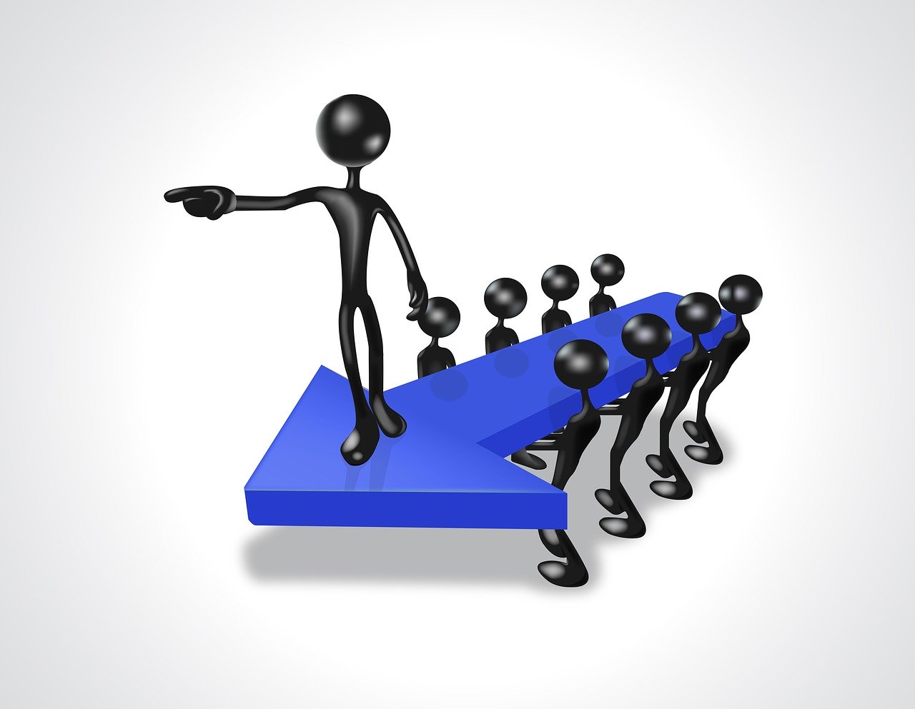 Follow me! Cartoon figures of leader standing on arrow carried by followers
