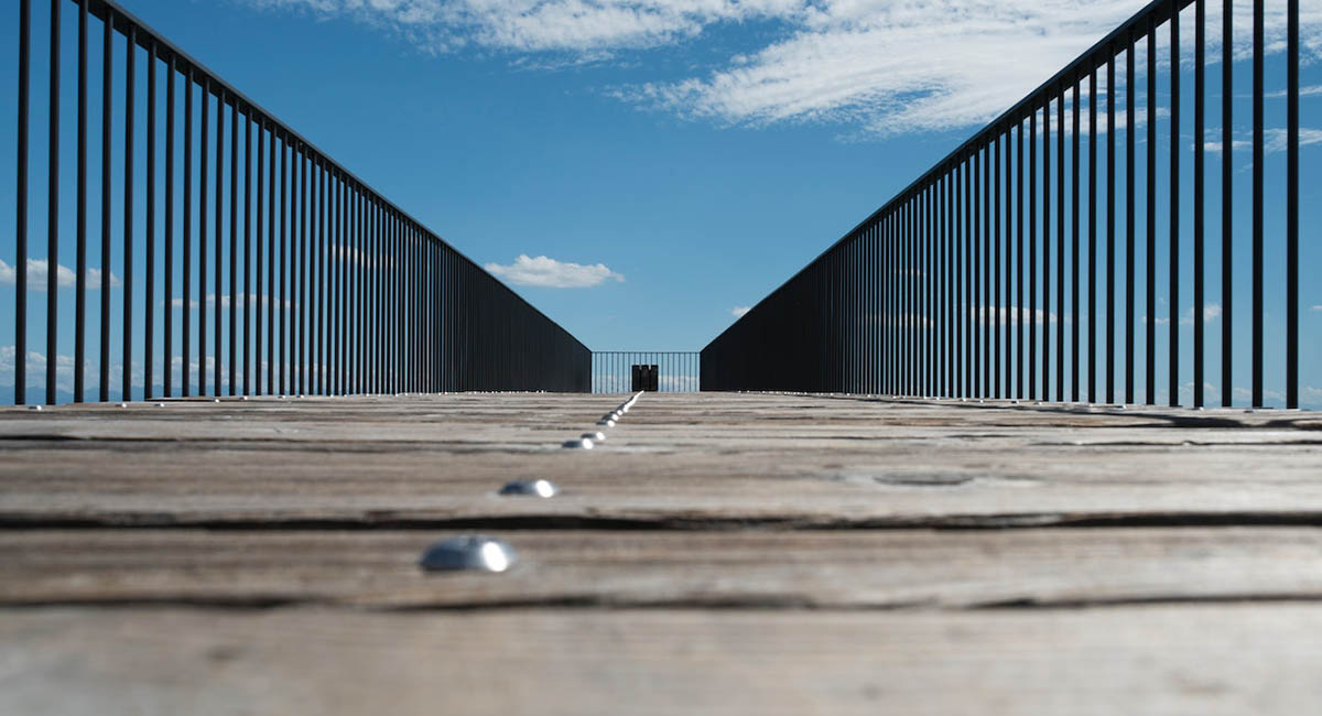 perspective bridge dock wood iron railing