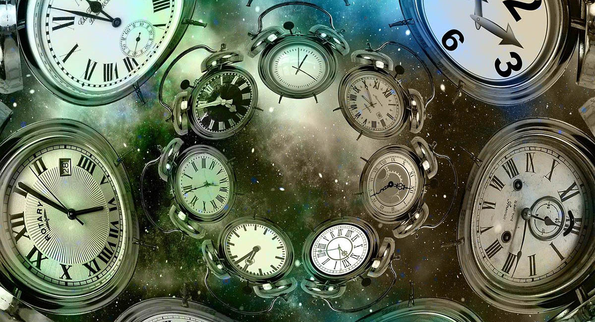 clocks set to different times swirling into galazy