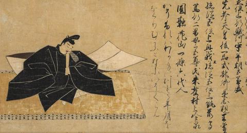 Section of an Japanese handscroll mounted on a hanging scroll, ink, white and slight color on paper, c.1200