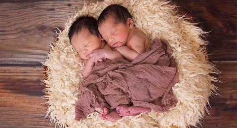 twin babies asleep on shag pillow