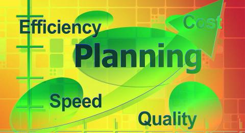 Color illustration of graph with the words, "Efficiency", "Planning", "Speed", and "Quality"