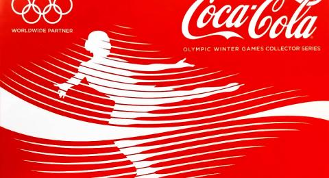 Olympics ad, Coca-Cola, stylized figure skater, white on red