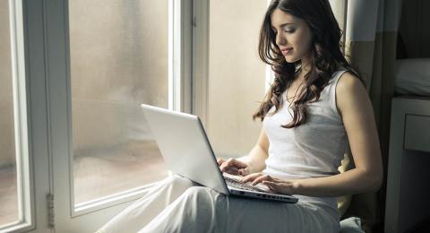 White woman, laptop, work, pajamas, window, typing, computer, technology, people, girl