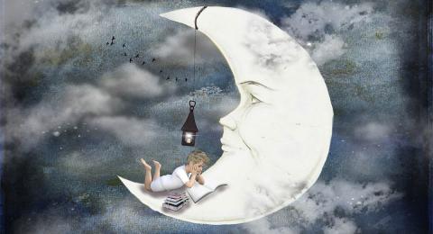 Illustration of a child lying on a crescent moon, reading