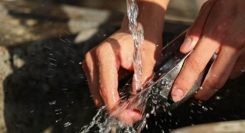 hands washing pan in sink flow water