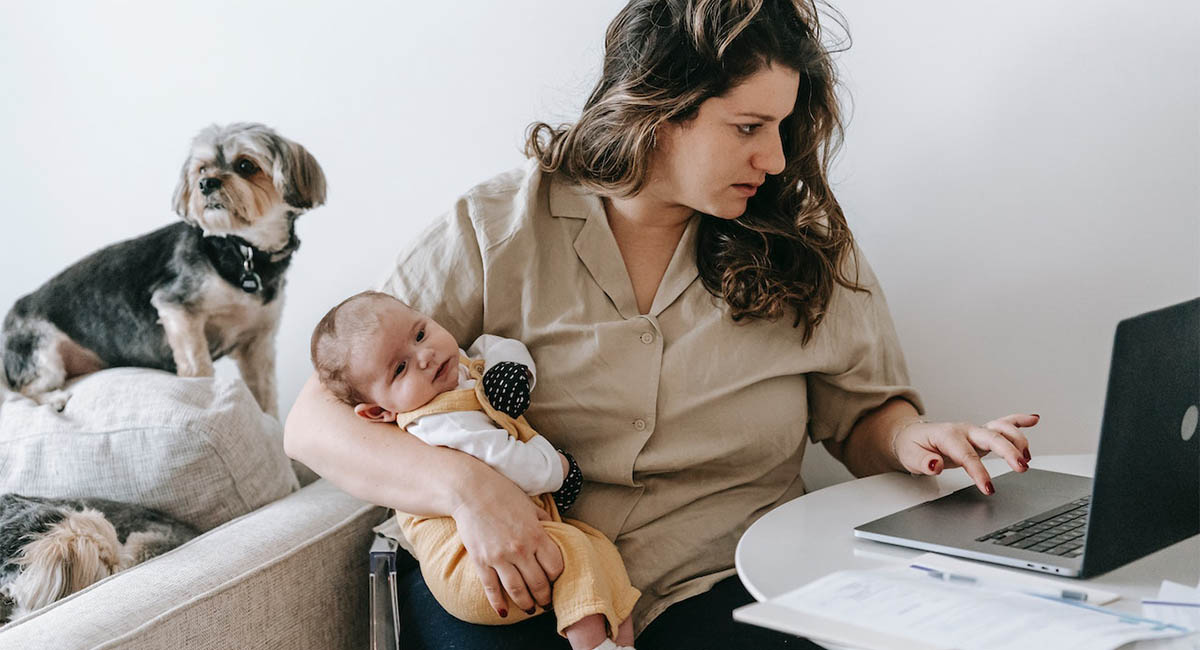 woman at home on computer holding baby with dog in background