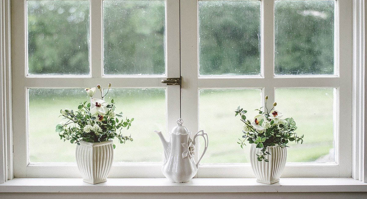 white window with plants and teapot on the sill